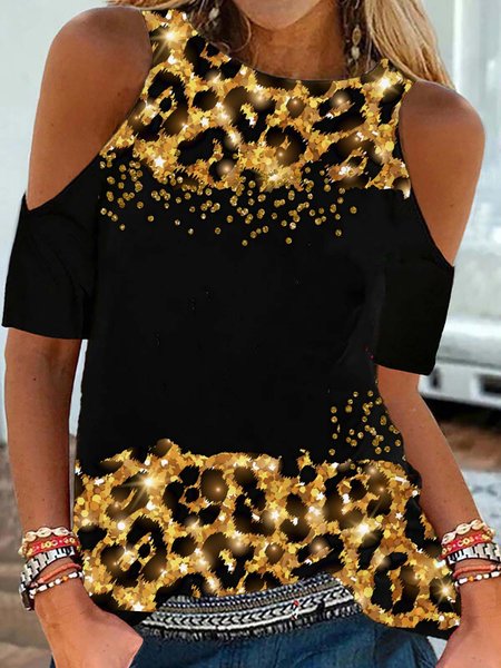 

Vacation Casual Leopard Print Round Neck Off Shoulder T-Shirts, Black, T-Shirts