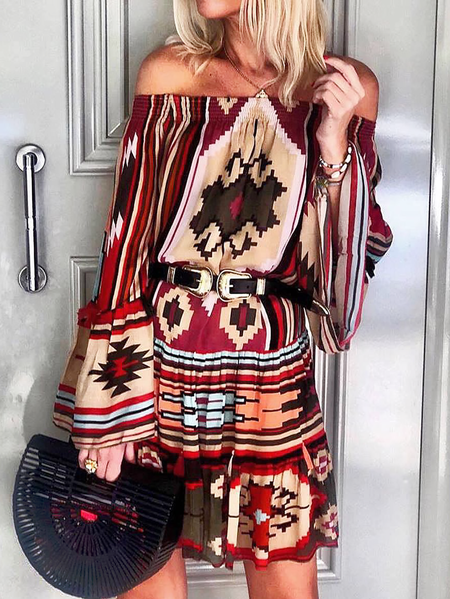 

Plus size Long Sleeve Boho Dresses, Red, Mini Dresses