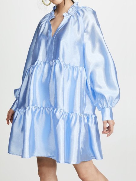 

High Neck Bishop Sleeve Solid A-line Dress, Blue, Mini Dresses