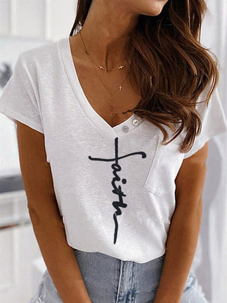 

Short sleeve Casual Letter Buttoned Shirts & Tops, White, T-Shirts