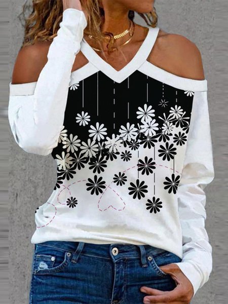 

Off-the-shoulder long-sleeved shirt, Black-white, Long sleeve tops