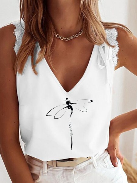 

Casual Cotton Blends Dragonfly Vests, White, Tank Top