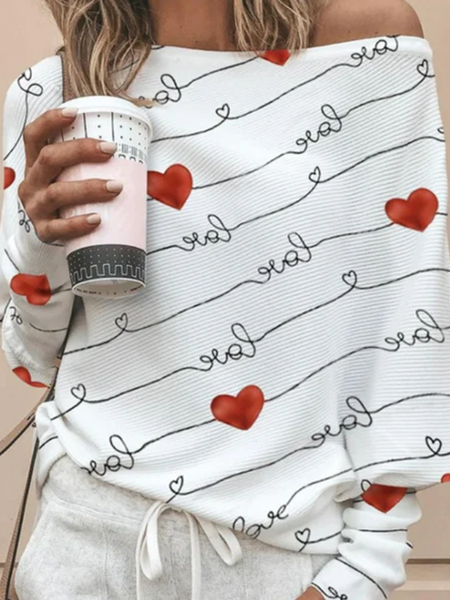

Long sleeve asymmetric collar one piece geometric letter heart love print bat sleeve loose lover T-shirt Plus Size, White, Long sleeve tops