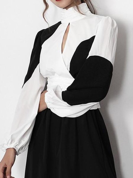 

High Neck Color Block Regular fit Top, Black-white, Tops