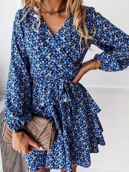 

Long Sleeve Floral V Neck Dresses, Blue, Mini Dresses