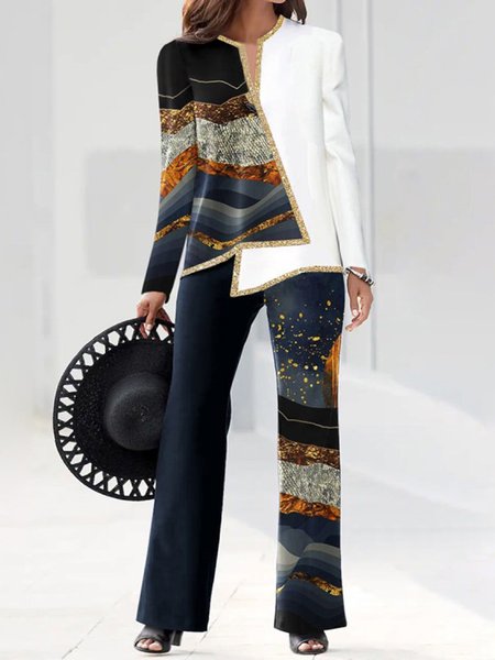 

Abstract Long Sleeve Sequins Plus Size Casual Top With Pants Two-piece Suit, Multicolor, Two-piece Outfits
