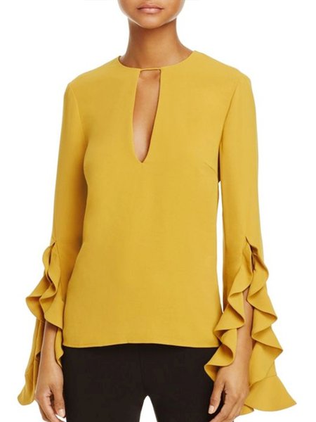 

Plain Regular Fit Crew Neck Daily Top, Yellow, Tops