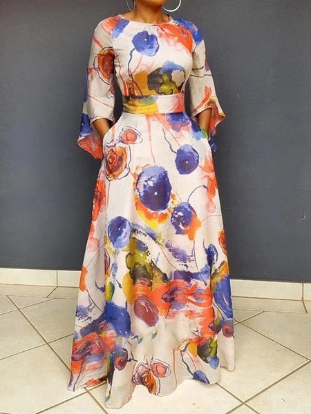 

Regular Fit Abstract Crew Neck Dress, Multicolor, Maxi Dresses