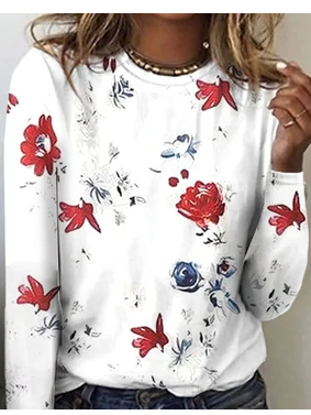 

Vacation Floral Crew Neck Shirts & Tops, White, Long sleeve tops