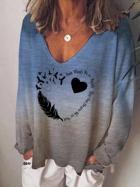 

Cotton Blends Ombre V Neck Off Shoulder Loosen Casual Heart Letter Shirts & Tops, Multicolor, T-Shirts