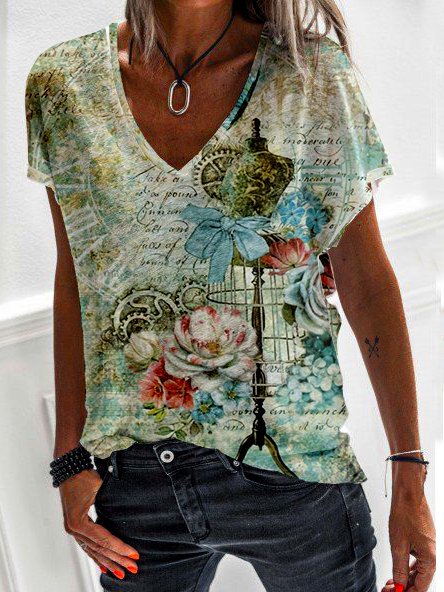 

Vintage Shirt Sleeve Cotton Blends Floral Floral,Butterfly Shirts & Tops, Multicolor, T-Shirts