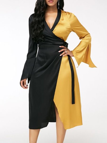

Color Block Regular Fit Elegant Daily V neck Dress, Yellow, Midi Dresses