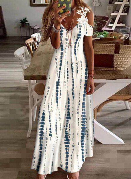 

Cotton Blends Striped V Neck Dresses, Blue, Maxi Dresses