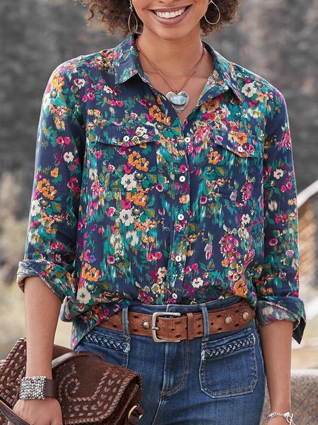 

Floral Loosen Shirt Collar Shirts & Tops, Multicolor, Shirts & Blouses