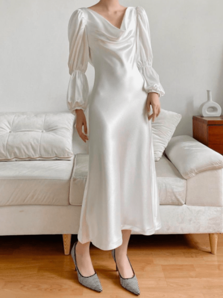 

Spring Regular Fit Fit and FlareX Date Cowl neck Long sleeve Woven Dress, White, Midi Dresses