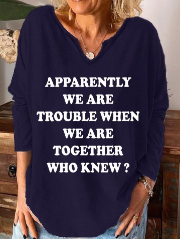 

Funny Print V Neck Casual Long sleeve tops, Deep blue, Long sleeves