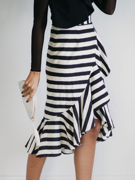 

Daily Striped Regular Fit Skirt, Black-white, Midi Skirts