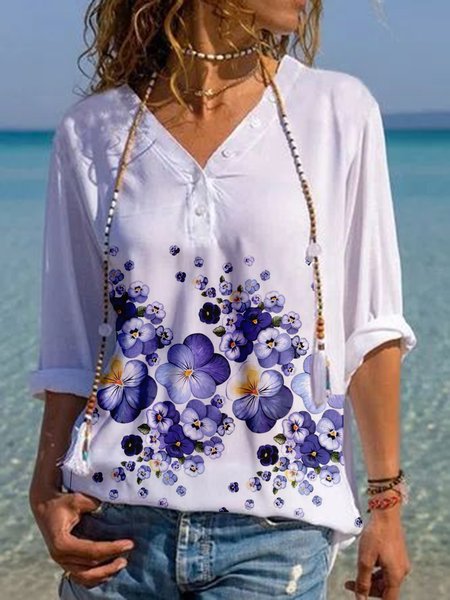 

Casual V Neck Floral Loosen Buttoned Long Sleeve Shirts & Tops, White, Blouses & Shirts