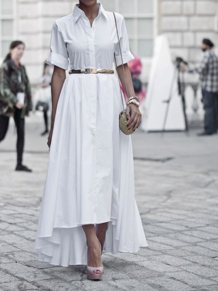 

Spring Short sleeve Loosen Daily Lightweight Dresses, White, Midi Dresses