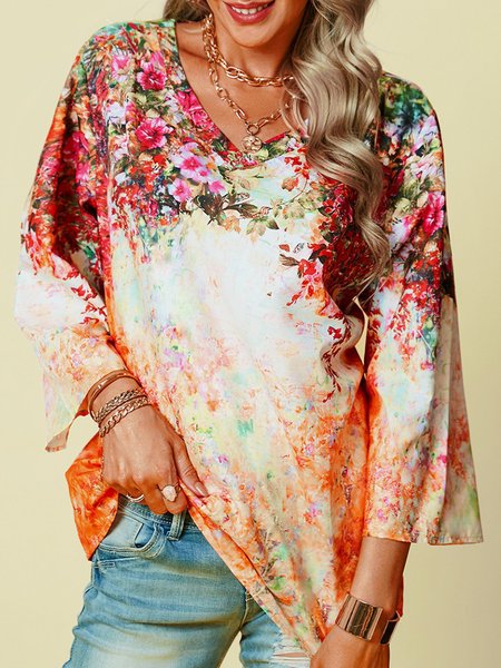 

Floral Commuter Long Sleeve Plus Size Floral V Neck Shirt and Top, Multicolor, Long sleeve tops