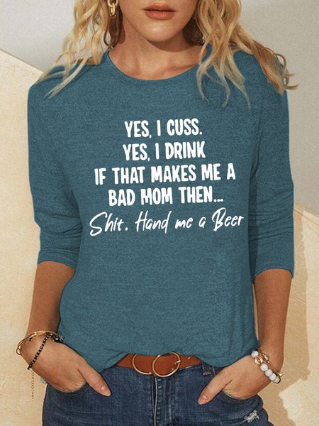 

Funny text print round neck long sleeve shirt, Green, Long sleeves