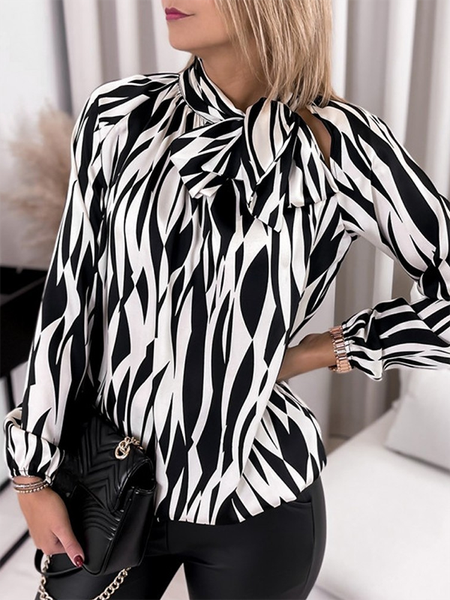 

Long sleeve Geometric Casual Tie Neck Shirts & Tops, Black, Tops