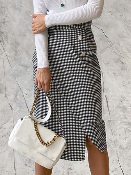 

Elegant Regular Fit Houndstooth Work Skirt, Black-white, Midi Skirts