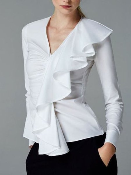 

Elegant Regular Fit V Neck Plain Work Top, White, Tops