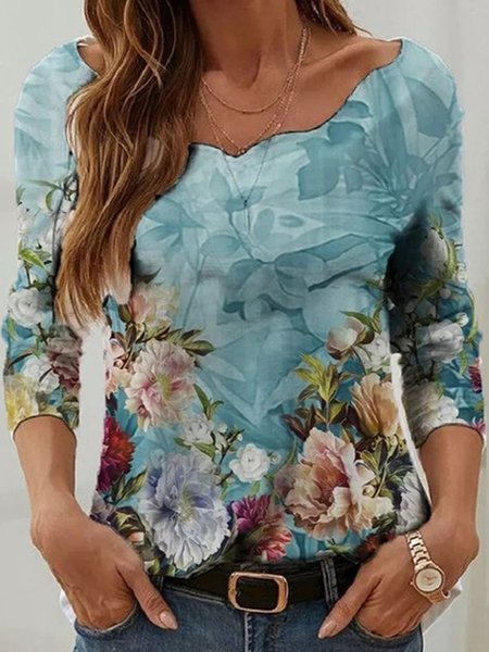 

V Neck Vacation Floral Shirts & Tops, Blue, Long sleeve tops