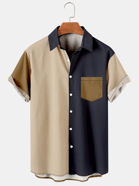 

Mens Color-block Casual Breathable Chest Pocket Short Sleeve Hawaiian Shirts, Blue, Men's Floral shirt