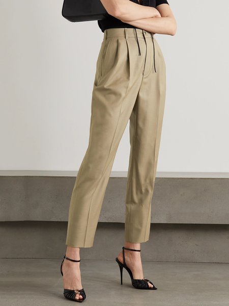 

Simple Regular Fit Solid Pants, Khaki, Straight Leg Pants