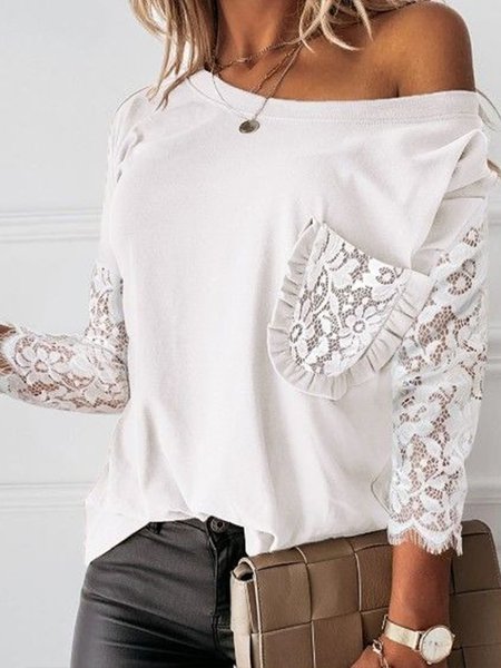 

Casual Lace Crew Neck Solid Loosen Long Sleeve Shirts & Tops, White, T-Shirts