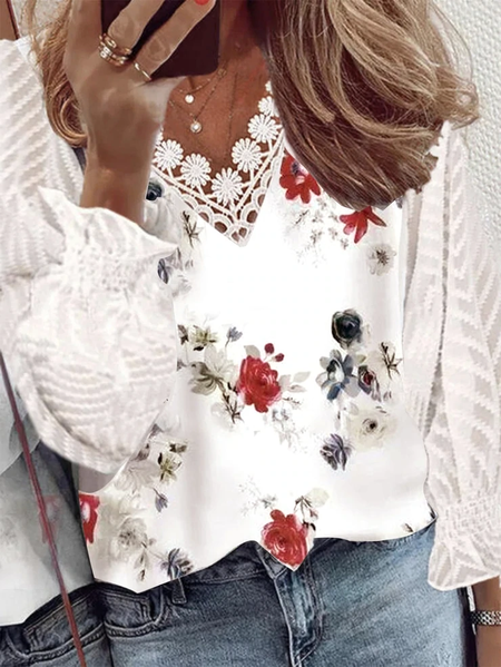 

Vacation Floral lace stitching Shirts & Tops, White, Blouses & Shirts