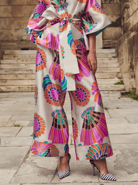 

Floral Printed Wide Leg Pants, Rose red, Wide Leg Pants
