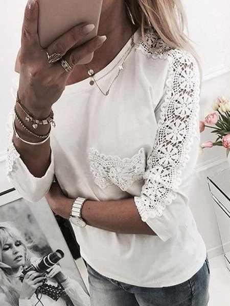 

Casual Crew Neck Lace Solid Three Quarter Shirts & Tops, White, T-Shirts