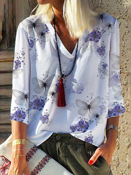 

Casual Floral V Neck Shirts & Tops, White, Tops