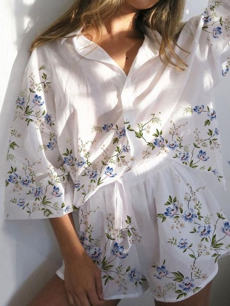 

Floral Print Spring New Designer Style Comfortable Women's Cotton Linen Two Piece, White, Suits