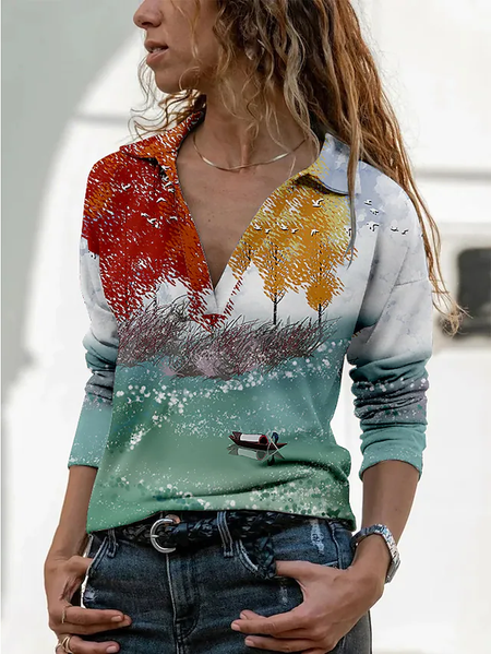 

Landscape painting Cotton Blends Lapel Regular Fit Sweatshirt, Multicolor, Sweatshirts & Hoodies