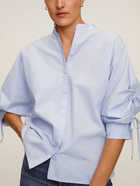 

Daily Simple Three Quarter Stand Collar Top, Blue, Blouses and Shirts