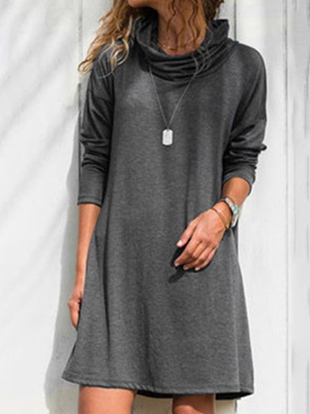 

Turtle Neck Long Sleeve Plain Casual Dresses, Gray, Casual Dresses