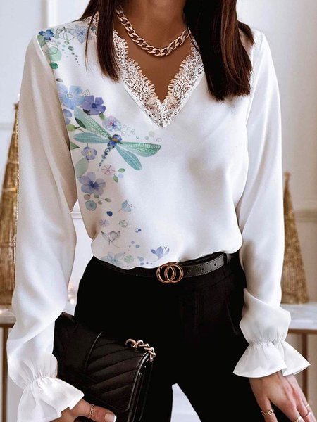 

Butterfly V Neck Casual Shirts & Tops, White, Tops