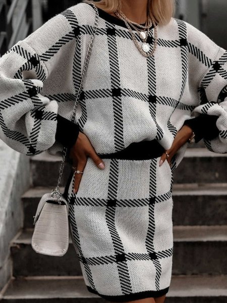

Check Print Spring New Designer Style Comfortable Women's Wool Knit Two Piece, Multicolor, Suit Set
