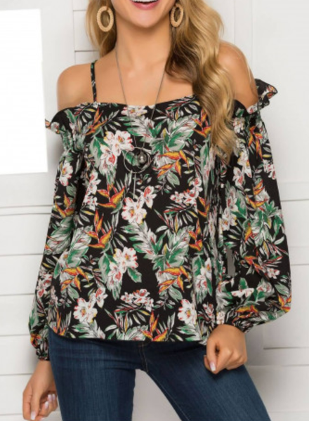 

Loosen Boat Neck Floral Shirts & Tops, Black, Long sleeve tops