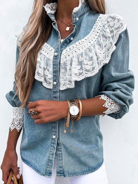 

Denim Casual Stand Collar Shirts & Tops, Blue, Blouses & Shirts