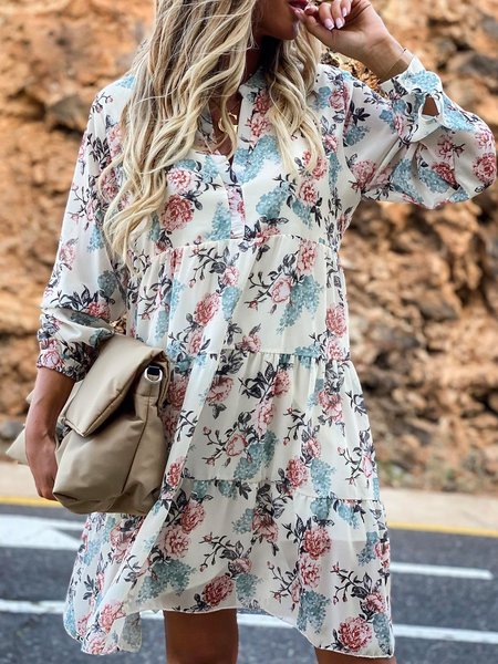 

chiffon v neck boho print dress, As picture, Mini Dresses
