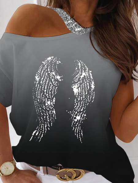 

Wings Print One Shoulder Short Sleeve Top, Gray, T-Shirts