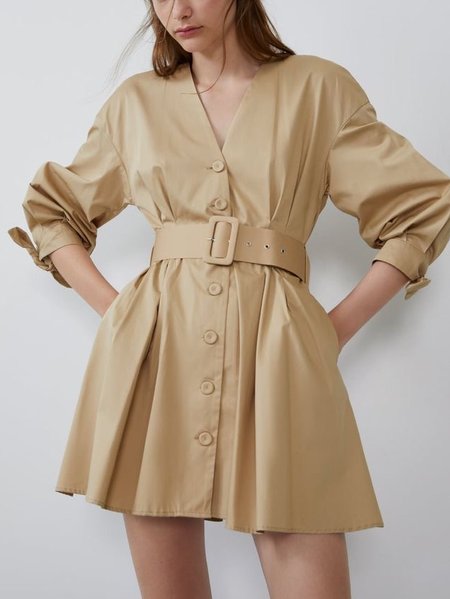 

V Neck Off Shoulder Regular Fit Simple Belted Dress, Khaki, Mini Dresses