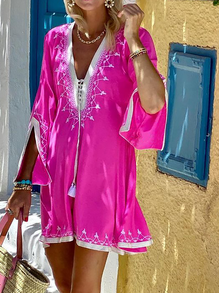 

Plus size Casual Boho Long sleeve Woven Dress, Rose red, Mini Dresses