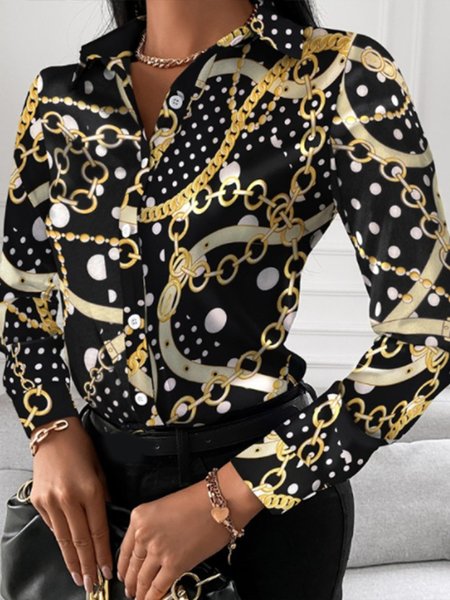 

Daily Elegant Printed Shirt Collar Top, Black, Blouses and Shirts