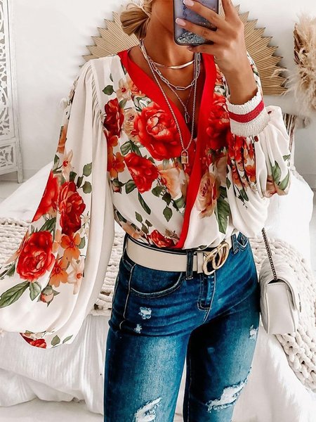 

Romantic Floral Loosen Long Sleeve Top, Red, Blouses and Shirts